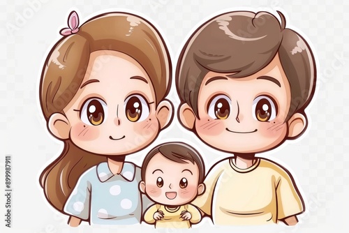 Young family with baby in cute cartoon style warm colors gentle expressions cozy atmosphere digital art heartwarming scene bonding affection pastel hues