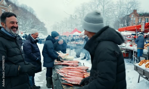 Portrait of a smiling mature man at the seafood market in winter