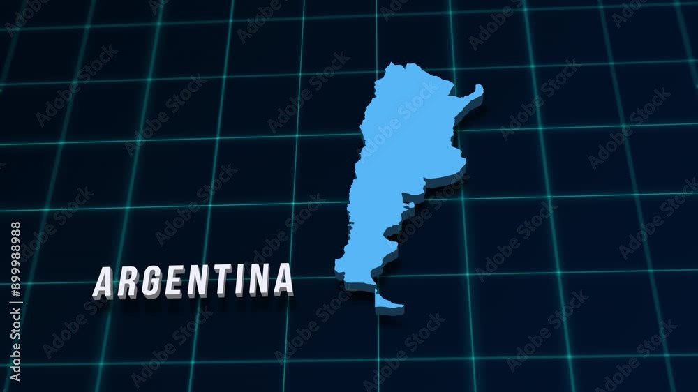 Argentina digital geographic map 3d video on coordinates grid. Argentina republic country geographic background 4K animation news opener