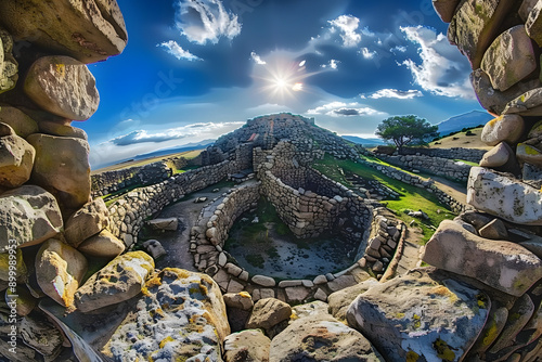 Ancient Nuragic complex of Su Nuraxi in Barumini, Sardinia captured with fisheye lens, Barumini, Nuraghe, Su Nuraxi, Nuragic complex, Sardinia