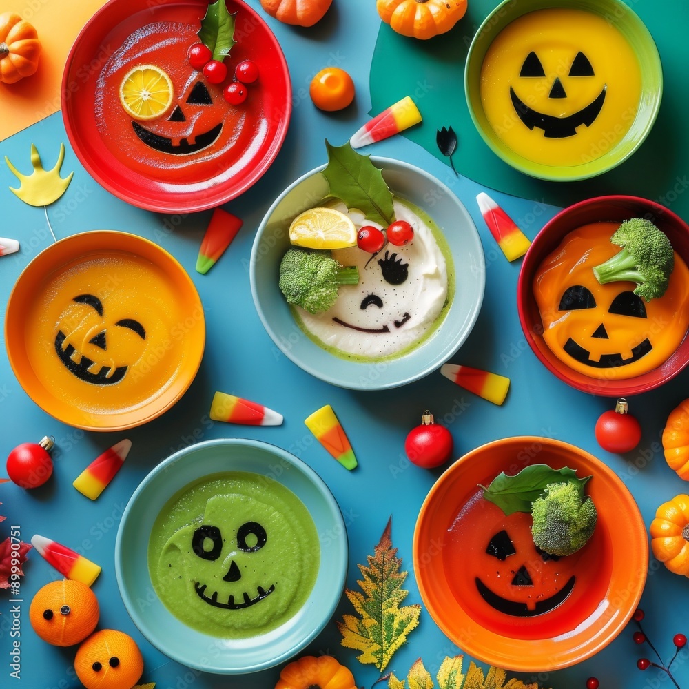A fun and festive top-down view of Halloween-themed soups in colorful bowls, decorated with spooky faces and surrounded by seasonal decorations. Perfect for holiday and food celebration themes. A fun and festive top-down view of Halloween-themed soups in colorful bowls, decorated with spooky faces and surrounded by seasonal decorations. Perfect for holiday and food celebration themes.