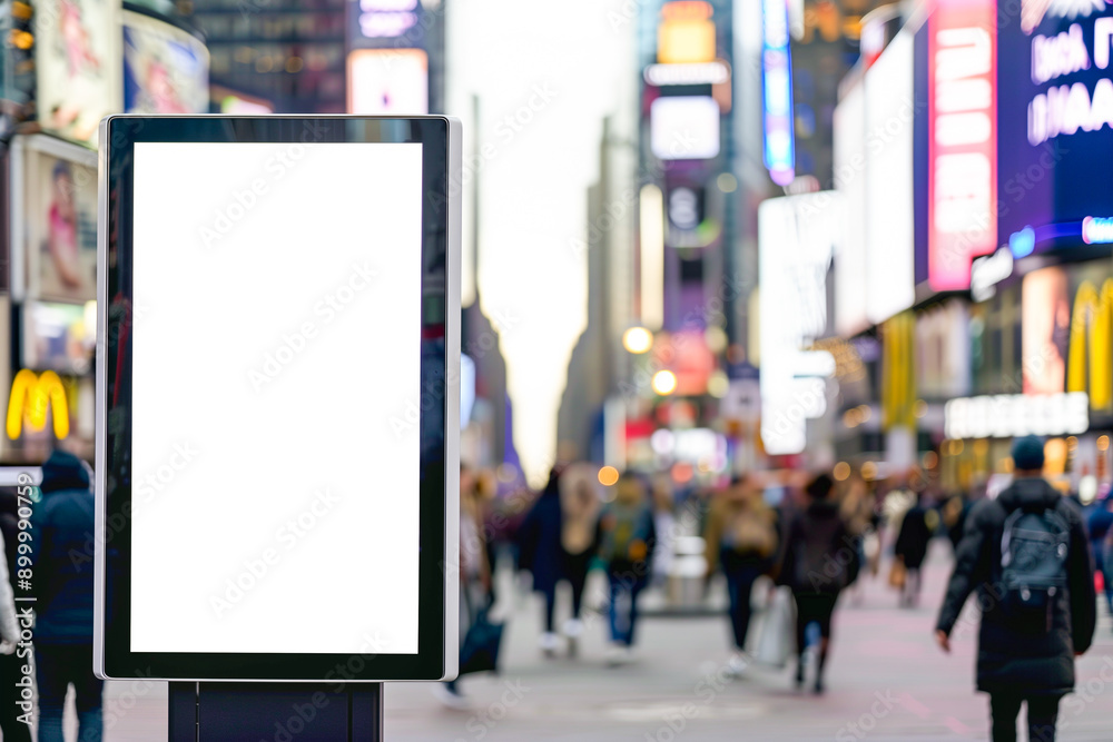An urban billboard with a blank screen in a bustling city street filled with lights, advertisements, and people walking An urban billboard with a blank screen in a bustling city street filled with lights, advertisements, and people walking