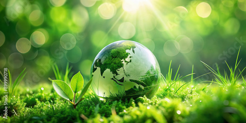 Vibrant green globe surrounded by lush grass, symbolizing eco-friendliness, floats in a soft, blurred bokeh background, conveying the importance of environmental conservation.