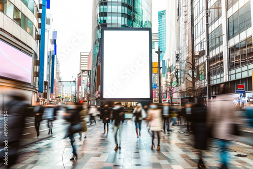 A blank vertical digital billboard in the middle of a busy city street surrounded by modern buildings and bustling pedestrians