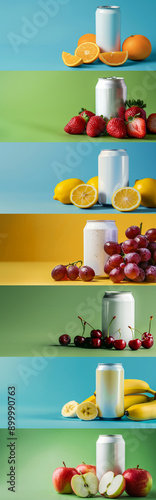 A series of blank soda cans with various fresh fruits on colorful backgrounds, perfect for branding or product mock-ups