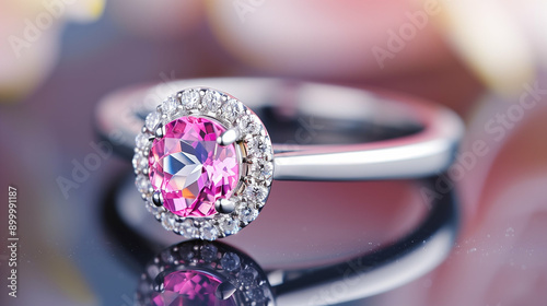 Elegant ring with pink gemstone and diamonds. Exquisite jewelry piece on reflective surface showcasing luxurious design. Perfect for jewelry enthusiasts and collectors
