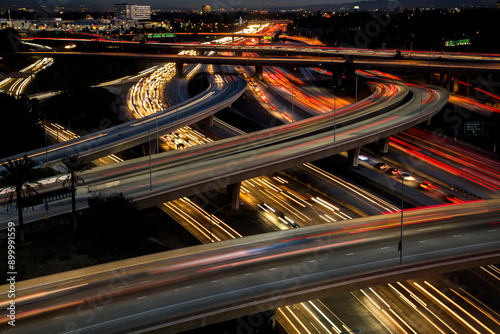 Above view of traffic at night on busy freeway interchange. The shot is of the 57 freeway in orange county Ca