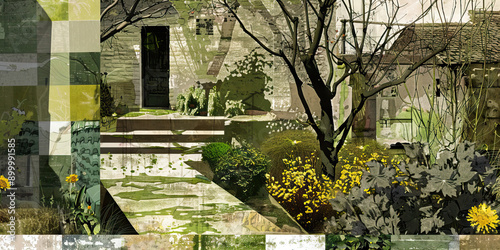 The Cheshire Cat's Garden: A serene garden with a mischievous grinning cat statue, a winding path lined with flowering shrubs, and a painted tree with doors