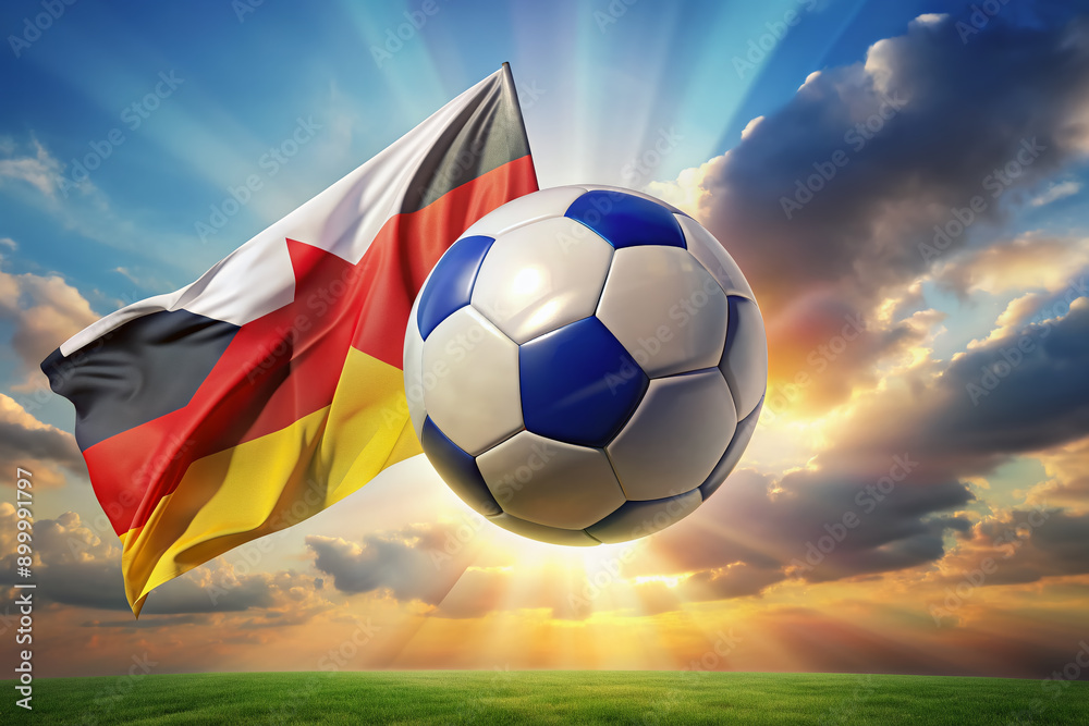 Fototapeta premium Vibrant liquid flags of Germany and Scotland collide in mid-air, surrounding a soccer ball, evoking excitement for the highly anticipated European championship group stage showdown.