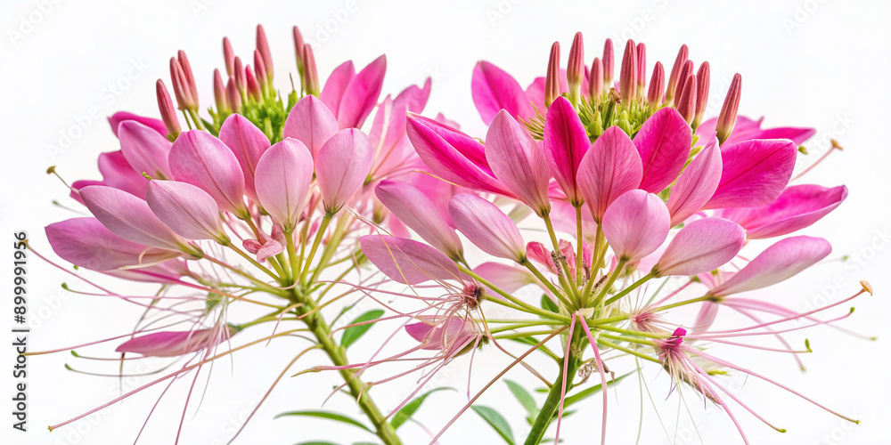 Obraz premium Delicate pink Cleome flowers with intricate details and slender stems isolated on a pure white background, showcasing their elegant beauty.