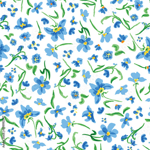 Blue flowers with leaves seamless repeat pattern on white background. Random placed, vector hand drawn botanic aop, all over surface print.