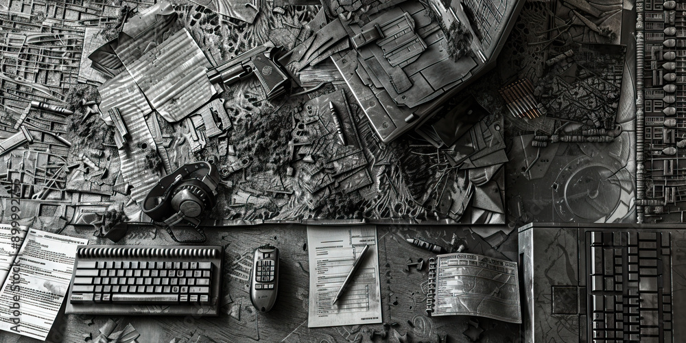 Fototapeta premium Soldier's Duty Station: A functional desk with a computer, papers, and various military-related items like a gun holster and a hat.