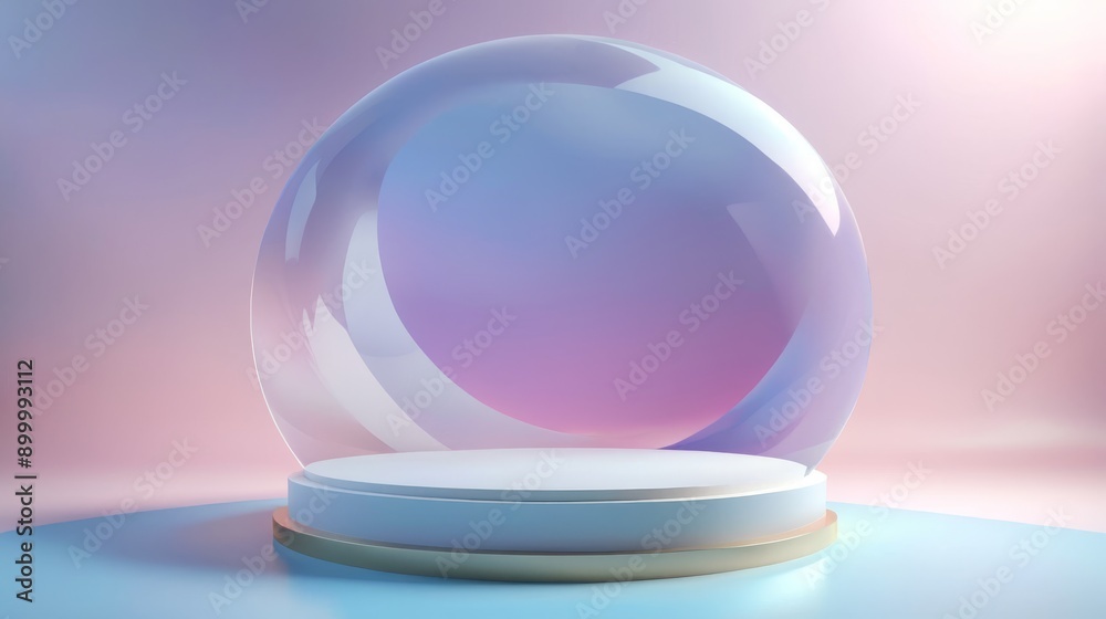 White plate on the floor inside a glass dome with sky and clouds background, 3D render and holography White plate on the floor inside a glass dome with sky and clouds background, 3D render and holography