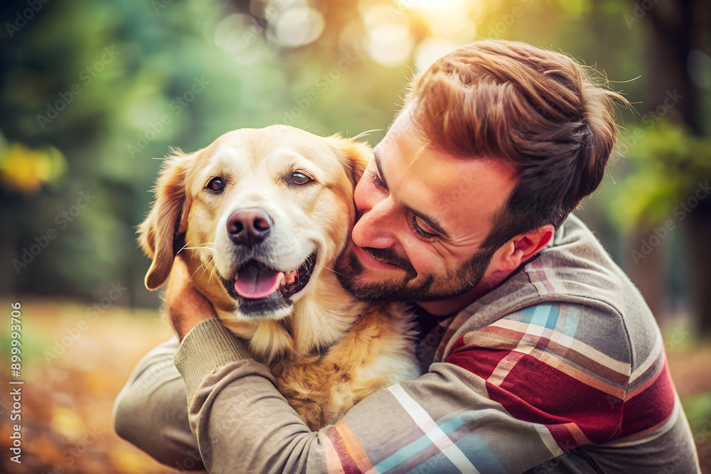 Happy man hugging shaggy labrador in park on sunny autumn day. Friendship between people and dogs Happy man hugging shaggy labrador in park on sunny autumn day. Friendship between people and dogs