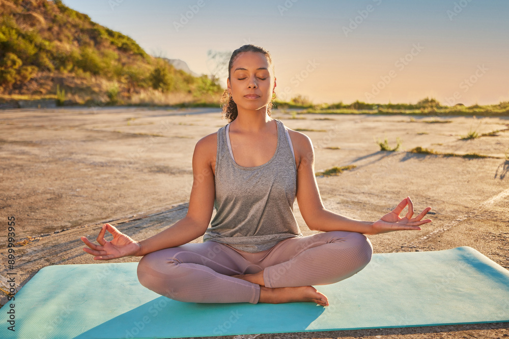 Fototapeta premium Outdoor, yoga and woman with meditation, fitness and breathing with hobby, routine and wellness. Person, yogi and girl with balance, exercise and zen with chakra and spiritual ritual for connection