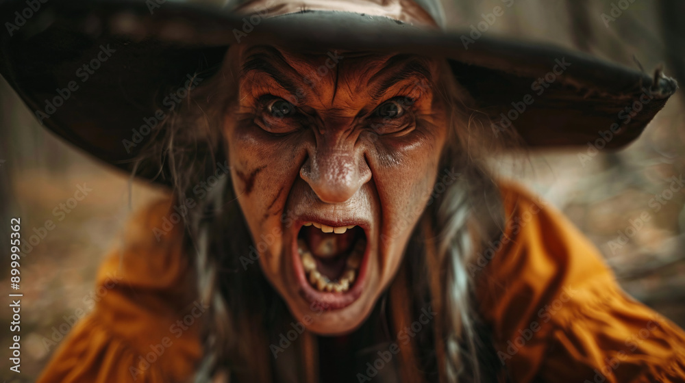 Angry Woman Dressed as Witch in Forest Angry Woman Dressed as Witch in Forest