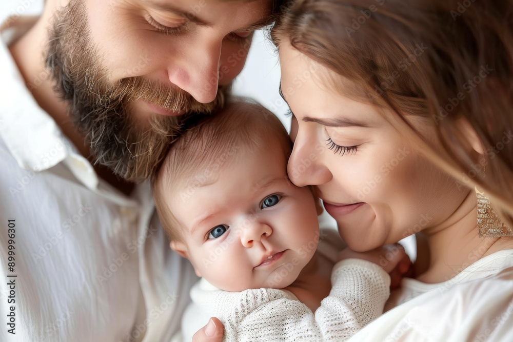 Parents with baby in cozy bedroom warm lighting intimate moment photography heartwarming scene bonding love and care joyful expressions