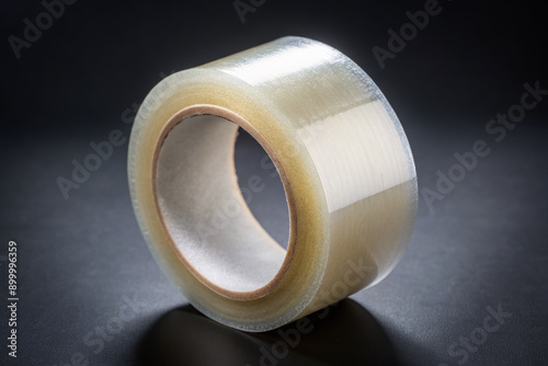 Isolated roll of clear adhesive tape stands out against a dark background, highlighting its textured surface and transparent wrapper.