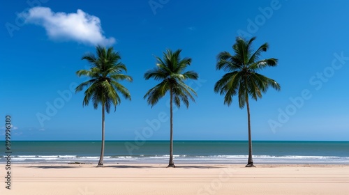 Three palm trees are standing on a beach with a clear blue sky above. The ocean is calm and the beach is empty. The scene is peaceful and serene