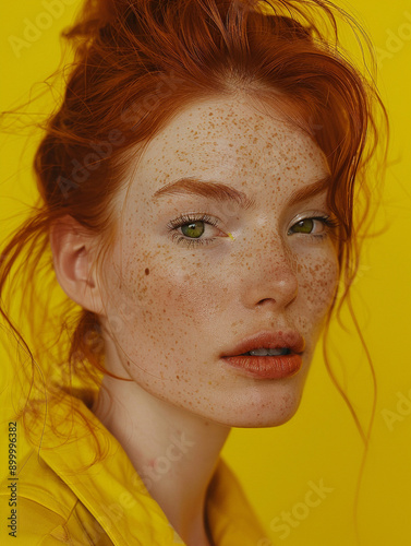 Model with red hair and freckles and green eyes posing for a beauty editorial