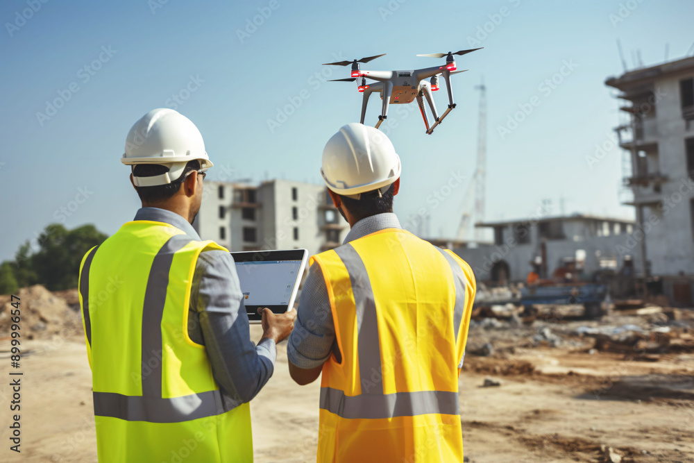 construction workers checking plans on construction site
