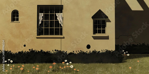 The Harker House: A modest townhouse in England, its windows adorned with lace curtains and its garden filled with flowers photo