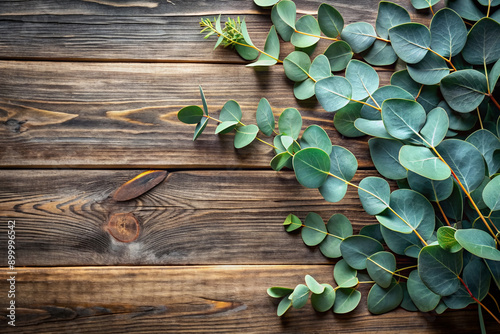 Freshly cut eucalyptus branches with fragrant leaves scattered on a distressed wooden plank, offering ample negative space for eco-friendly design elements or natural-themed text overlays.