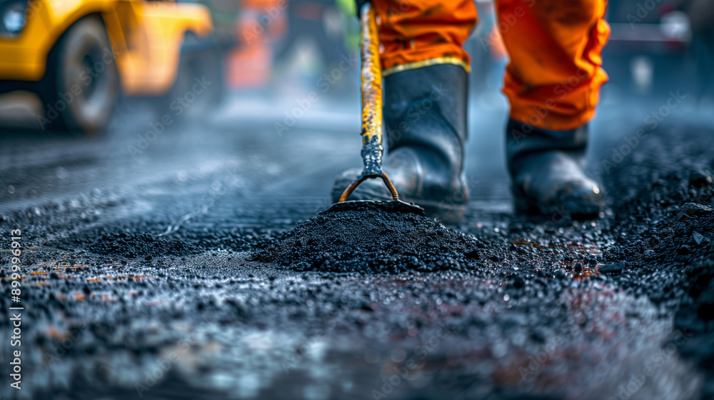 Close-up of a construction worker pouring hot asphalt on a road with construction vehicles in the background. Ideal for illustrating road construction, infrastructure, and urban development. Close-up of a construction worker pouring hot asphalt on a road with construction vehicles in the background. Ideal for illustrating road construction, infrastructure, and urban development.