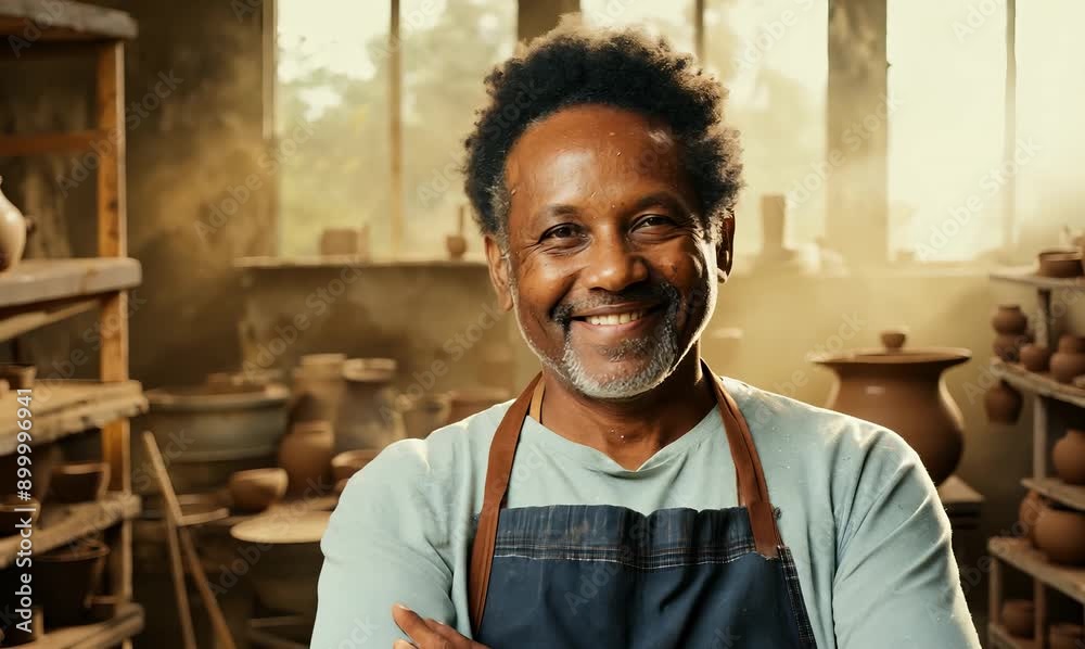 Portrait of smiling african american potter standing with arms crossed in pottery workshop Portrait of smiling african american potter standing with arms crossed in pottery workshop
