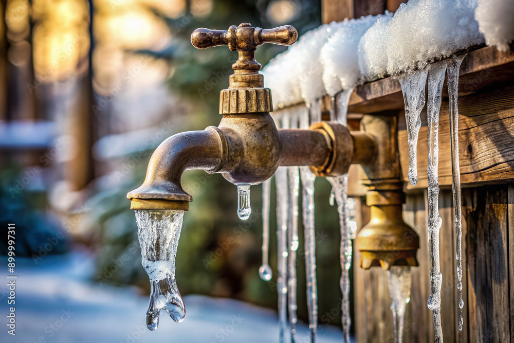 Frozen outdoor faucet with icicles and snow covering it, emphasizing the importance of winterization to prevent pipe damage and ensure safe home maintenance practices. Frozen outdoor faucet with icicles and snow covering it, emphasizing the importance of winterization to prevent pipe damage and ensure safe home maintenance practices.