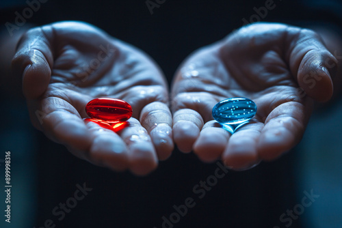 Red pill and blue pill choice photo