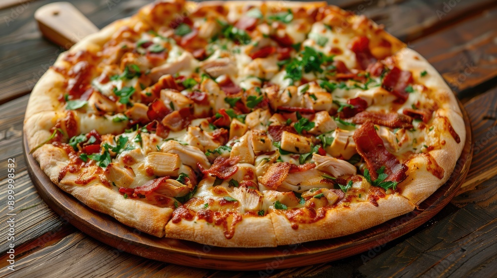 Caesar Pizza with Chicken Bacon Mozzarella on Wooden Background Caesar Pizza with Chicken Bacon Mozzarella on Wooden Background