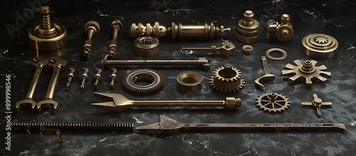 Assortment of vintage tools on black marble, brass accents, HD realism, high detail. © NOH