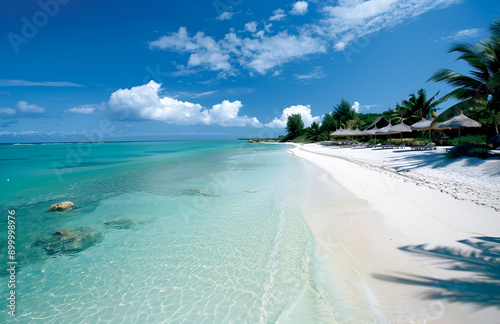 Idyllic Tropical Beach with Crystal Clear Waters and White Sand Under a Bright Blue Sky with Fluffy Clouds on a Sunny Day