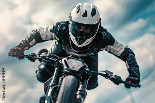 Stunt performer in action, executing a daring maneuver, dressed in protective gear and helmet. Dynamic backdrop enhances intensity and excitement.