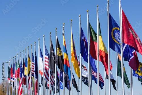 Multiple international flags waving on tall flagpoles against a clear blue sky, representing global unity and diversity.