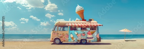 Whimsical ice cream truck with a giant cone parked on a sunny beach, blue sky background.