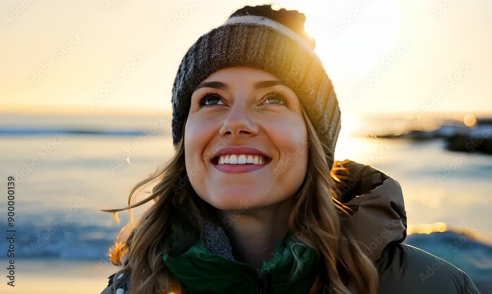 Portrait of a smiling woman in winter jacket and hat on the beach Portrait of a smiling woman in winter jacket and hat on the beach