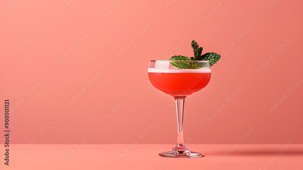Red cocktail with mint on pink background Red cocktail with mint on pink background