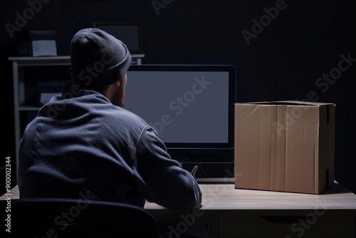 A salesperson vendor at a desk with a computer places goods for online packaging Generative AI