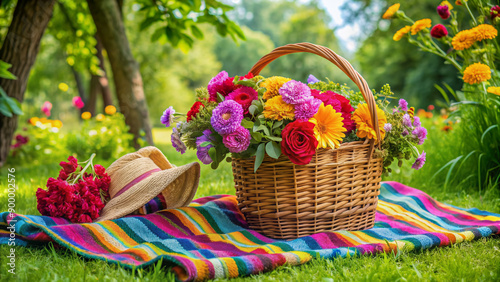 Colorful blanket and wicker basket surrounded by lush greenery and vibrant flowers, setting the scene for a charming outdoor family gathering or summer celebration.