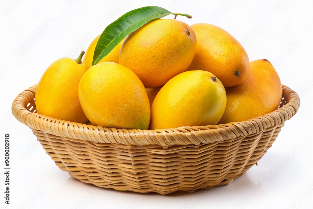 Freshly picked yellow mango fruit arranged in a woven wicker basket, isolated on transparent background, showcasing its vibrant color and juicy texture. Freshly picked yellow mango fruit arranged in a woven wicker basket, isolated on transparent background, showcasing its vibrant color and juicy texture.