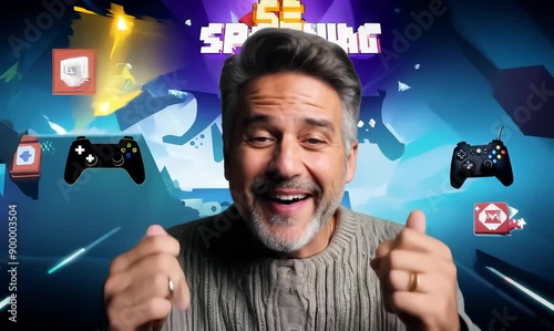 Medium shot portrait video of a cheerful man in his 40s that is wearing a chic cardigan against a gaming or video game background