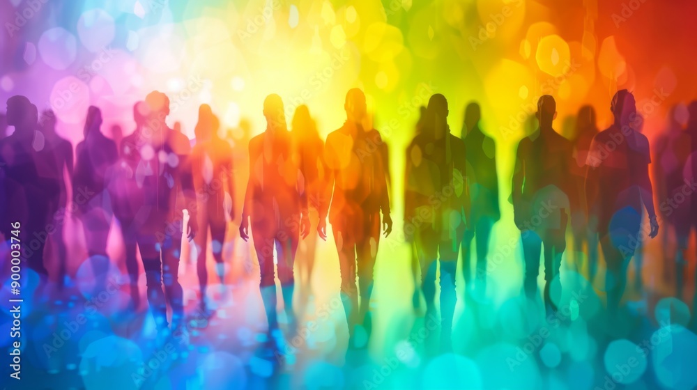 Abstractly colorful human figures walking in a vibrant rainbow-hued setting, representing diversity, unity, and the lively spectrum of human experiences and emotions. Abstractly colorful human figures walking in a vibrant rainbow-hued setting, representing diversity, unity, and the lively spectrum of human experiences and emotions.