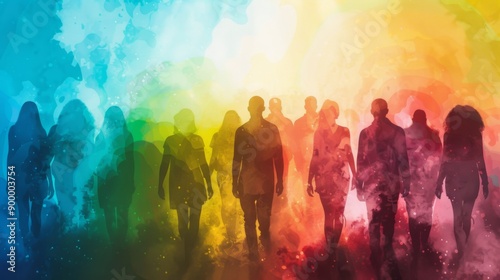 Human silhouettes walk in a colorful, almost surreal atmosphere composed of vibrant rainbow hues, symbolizing unity, diversity, and the rich spectrum of human experience.