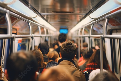 Crowded Subway Train with Commuters During Rush Hour photo