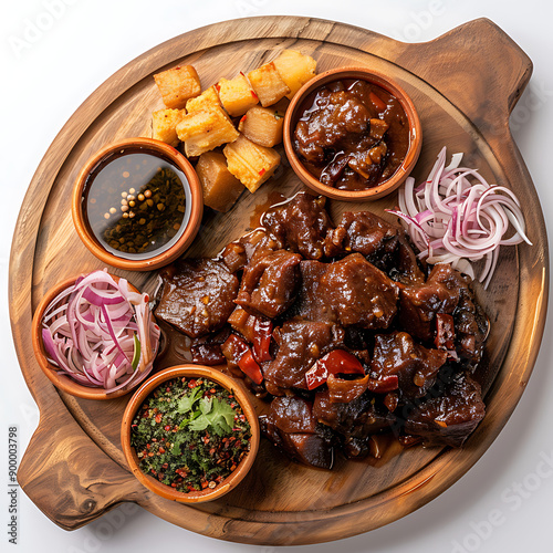 Plate of tasty Kosha Mangsho with on white background. photo