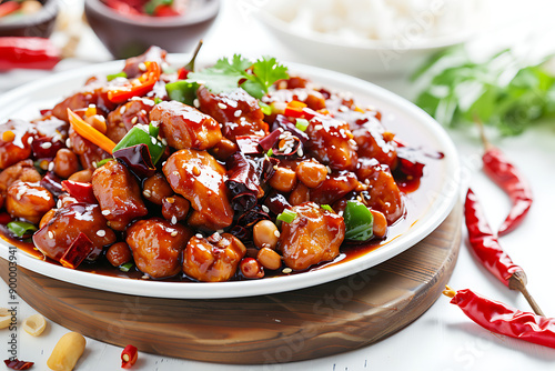 Plate of tasty Kung Pao chicken with on white background.