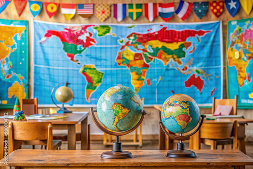 Vibrant colorful geography classroom background with globes, compasses, and a world map icon on a wooden desk, surrounded by educational banners and atlases.