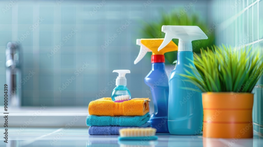 Cleaning supplies and tools on a countertop, including spray bottles, sponges, and a small plant. Modern and organized kitchen or bathroom setting. Cleaning supplies and tools on a countertop, including spray bottles, sponges, and a small plant. Modern and organized kitchen or bathroom setting.